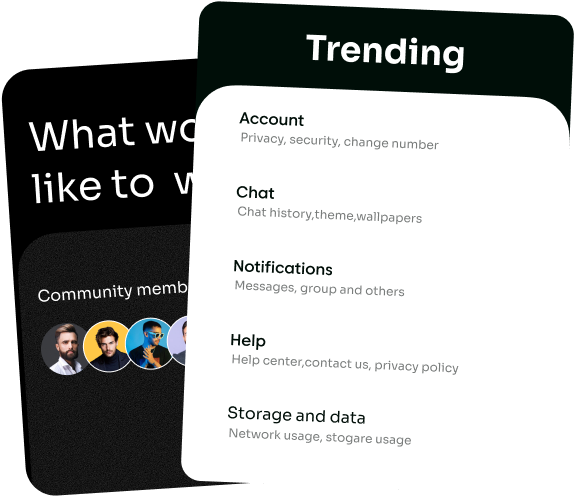 Overlapping app screens showing community features